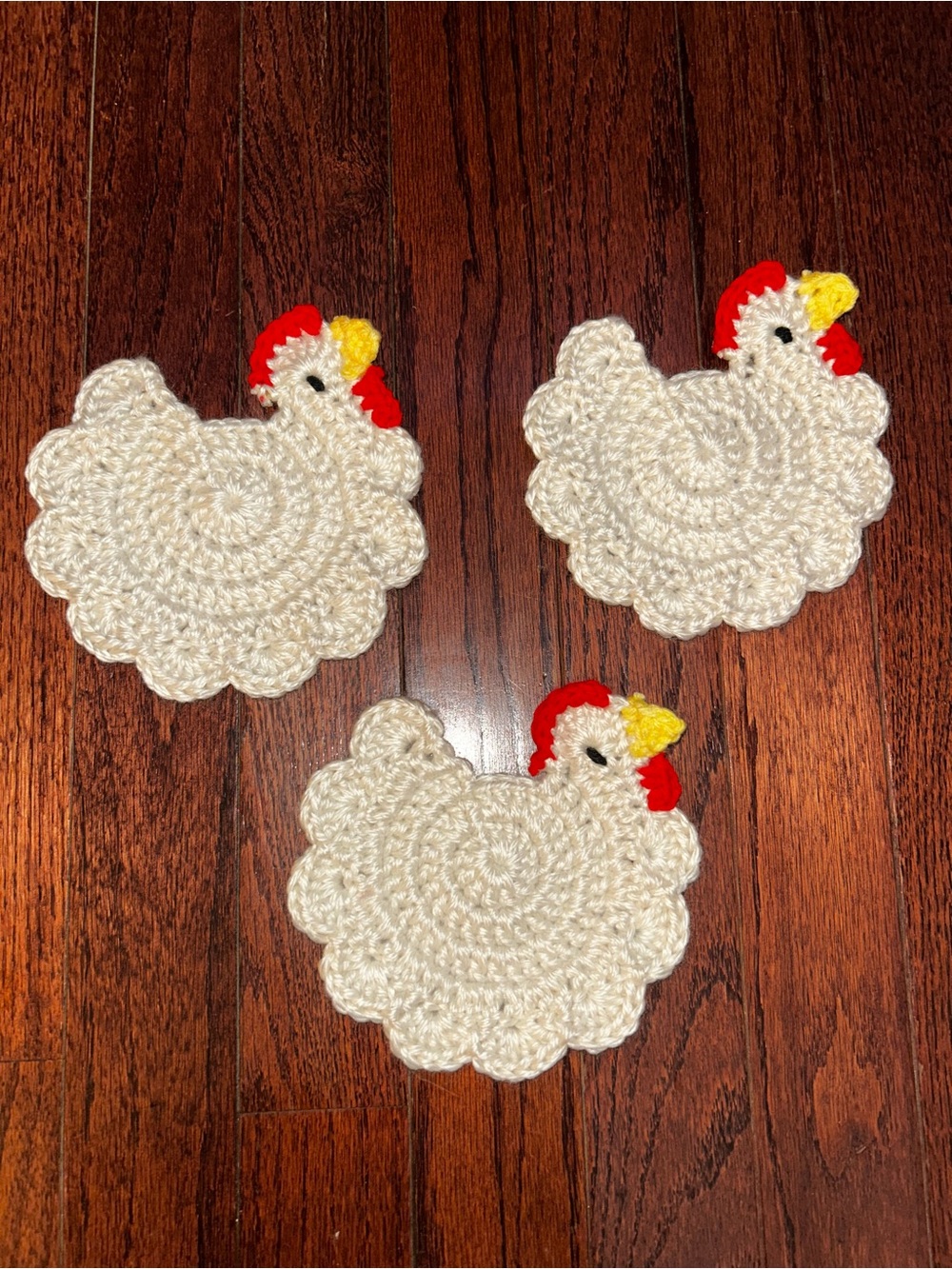 Handmade Crochet Chicken Coasters - Cream with Red & Yellow Accents